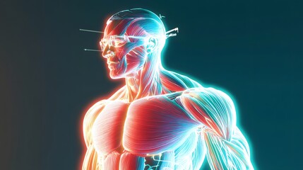 Wall Mural - 10. **illustrate a hologram of a human body with an emphasis on the muscular system, showing muscles