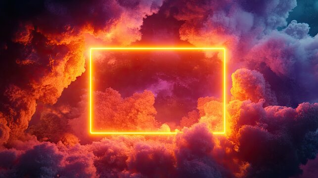 A neon-lit rectangular frame in orange and yellow, floating amidst vibrant cloud formations, creating a futuristic and surreal atmosphere.