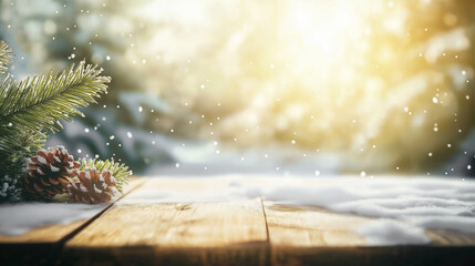 Aufkleber - Empty wooden table charismas copy space with blurred background with snow and Christmas trees