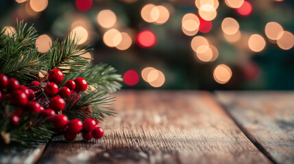 Aufkleber - Wooden table charismas copy space with blurred background with Christmas trees and glowing lights with decorations, cozy Christmas festive background