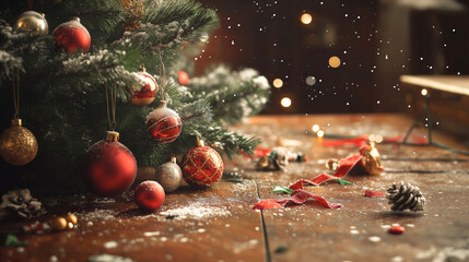 Aufkleber - Wooden table charismas copy space with Christmas trees and glowing lights with decorations, cozy Christmas festive background