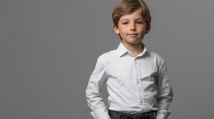 Wall Mural - seven-year-old boy in a white shirt with gray stripes on the sleeves, dark trousers and belt, in a model pose, on a simple background