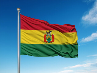 The Bolivian flag waving in the wind with blue sky background