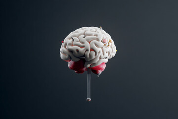 Detailed rendering of a human brain showcasing intricate structures and textures in a dark background.