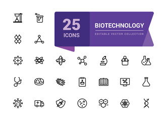 Wall Mural - biotechnology icon set. simple and mimimal line chemistry and lab set of medical analysis experiment