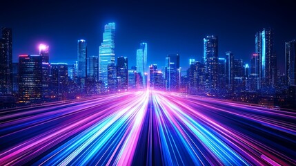 Wall Mural - Futuristic cityscape with neon lights and skyscrapers at night, creating an abstract background of speed lines on the road