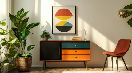 Artistic space with a colorful dresser, tropical greenery, and an eye-catching piece of original artwork on a clean white wall.