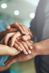 Aufkleber - Stack, hands and people with support in office for teamwork, planning and meeting together of partnership. Collaboration, staff and agreement, project commitment and trust for business goals