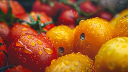 Wall Mural - Close-up of fresh, vibrant red and yellow tomatoes with water droplets, highlighting their ripeness and appetizing appeal.