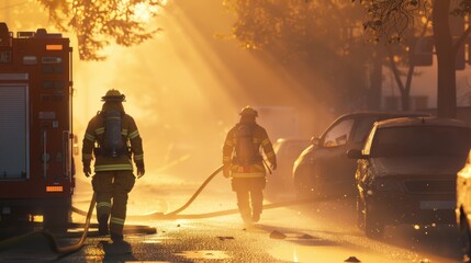 Two firefighters in protective gear walk purposefully down a sunlit street, with golden light filtering through the smoke, creating a heroic and dramatic scene.