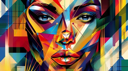 Wall Mural - An abstract illustration of a lady’s face composed of geometric shapes and vibrant colors, blending modern art with traditional portraiture. 8k UHD, suitable for high-quality printing or digital 