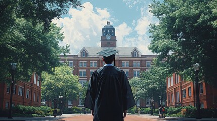 University graduate in gown and cap, back view, looking at campus buildings, enjoying graduation day with family and friends.