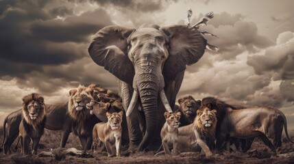 a powerful display of wildlife with an elephant leading a pride of lions under a dramatic sky, embod