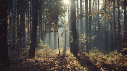 Poster - Sunlight filters through tall trees in a dense forest, casting long shadows and creating a magical, peaceful ambiance.