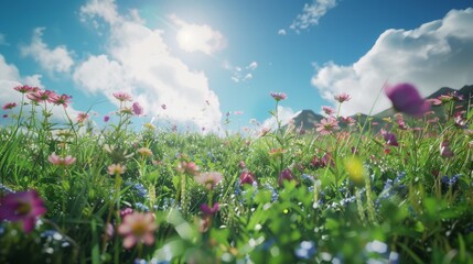 Poster - Vibrant wildflowers blossom under a bright blue sky, with fluffy clouds drifting by and a gentle sun casting a warm light over the meadow.