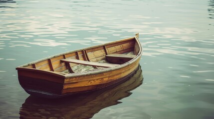 A lonely wooden rowboat drifts gently on the calm waters of a lake, reflecting a peaceful and serene atmosphere.