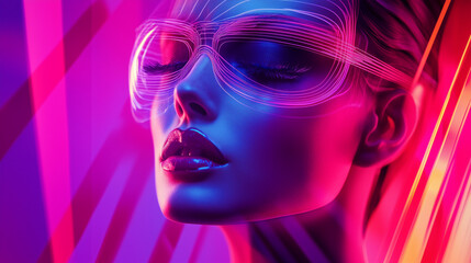 Attractive young girl in futurism style close-up. Bright colors. AI generation