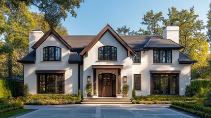 Poster - A large white house with a black roof and black trim. The house has a lot of windows and a garage