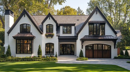 Poster - A large white house with a black roof and black trim