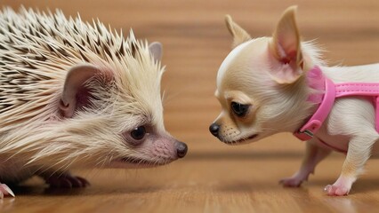 Poster - a small animal is looking at another animal on the floor.