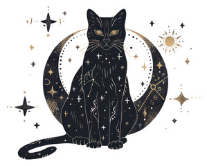 Wall Mural - PNG Mystical black cat with stars