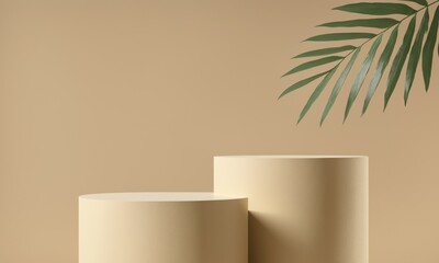 Wall Mural - Two beige podiums on a neutral backdrop with a palm leaf