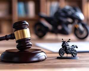 Wall Mural - gavel and miniature motorcycle on white paper with a blurred office background