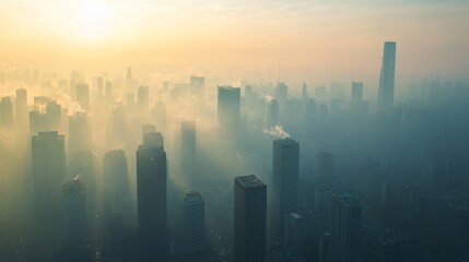 Aufkleber - A wide-angle shot of a smog-filled city skyline, showcasing air pollution and its contribution to global warming.