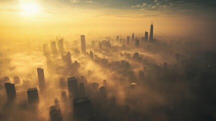 Aufkleber - A wide-angle shot of a smog-filled city skyline, showcasing air pollution and its contribution to global warming.