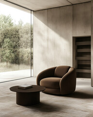 Modern Interior Living Room with Stylish Sofa, Armchair, Coffee Table, and Wooden Details, Neutral Tones and Boho Style with Concrete Wall and Natural Illumination.