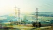 © Plaifah - A wide-angle view of a network of electrical transmission towers in a rural area, with power lines stretching across fields and farmland.