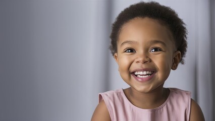 A joyful little African American girl smiling against a grey background.