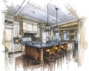 custom kitchen design: hand-drawn plan and construction rendering