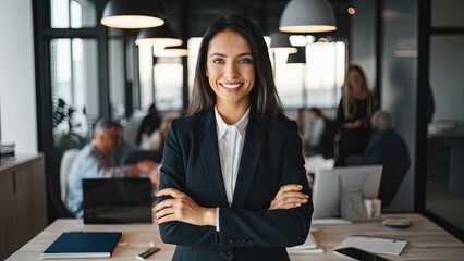 Confident smiling businesswoman with crossed arms in office.