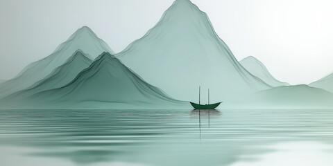 Canvas Print - Minimalismus, Bergform, Wasserreflexion, Hellgrün, Farbverläufe, China, Boot