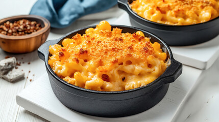 Poster - Traditional American food Mac and Cheese. The image shows a baked dish with pasta and melted cheese topped with a golden, crispy breadcrumb crust, served in a cast-iron skillet.