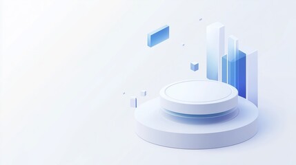 Poster - 3d digital display pedestal with abstract geometric shapes in blue and white, showcasing modern desi