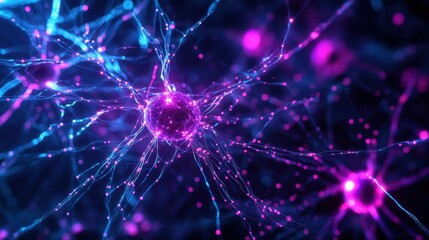 Poster - Abstract Neural Network Structure -  Glowing Blue and Pink  Nerve Cells Connecting in a Complex Web.