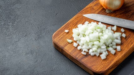 Wall Mural - close-up of diced white onion on wooden cutting board with knife and whole onion - fresh ingredient for cooking and recipes.