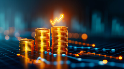 Poster - Golden coins are stacked high, showcasing a visual representation of growth, accompanied by an upward trend line on a digital financial graph that indicates increasing investment potential