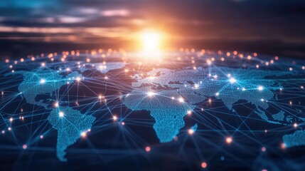 Poster - A 3D rendering of a digital network, with lines and points connecting globally.