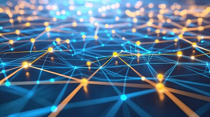 Poster - A 3D rendering of a digital network, with lines and points connecting globally.