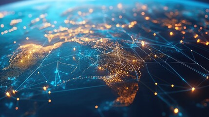Poster - A 3D rendering of a digital network, with lines and points connecting globally.