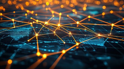 Poster - A 3D rendering of a digital network, with lines and points connecting globally.