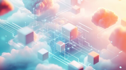 Poster - abstract cloud computing concept with 3d cubes and glowing lines.