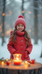 Wall Mural - Cute winter girl outdoors with snow and copy space