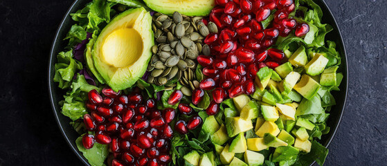 Vibrant salad featuring fresh greens, avocado, pomegranate, and pumpkin seeds, perfect for healthy eating and nutrition.