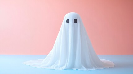 A white ghost is standing in front of a pink background