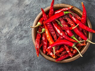 Wall Mural - red chili peppers in wooden bowl on grey background - top view, spicy food, asian cuisine, culinary ingredient, healthy eating.