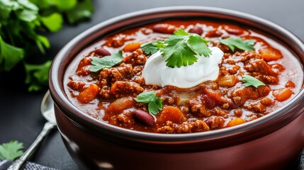 Wall Mural - close-up of a hearty bowl of chili with ground beef, beans, tomatoes, and a dollop of sour cream and garnish of cilantro on a black table with a silver spoon